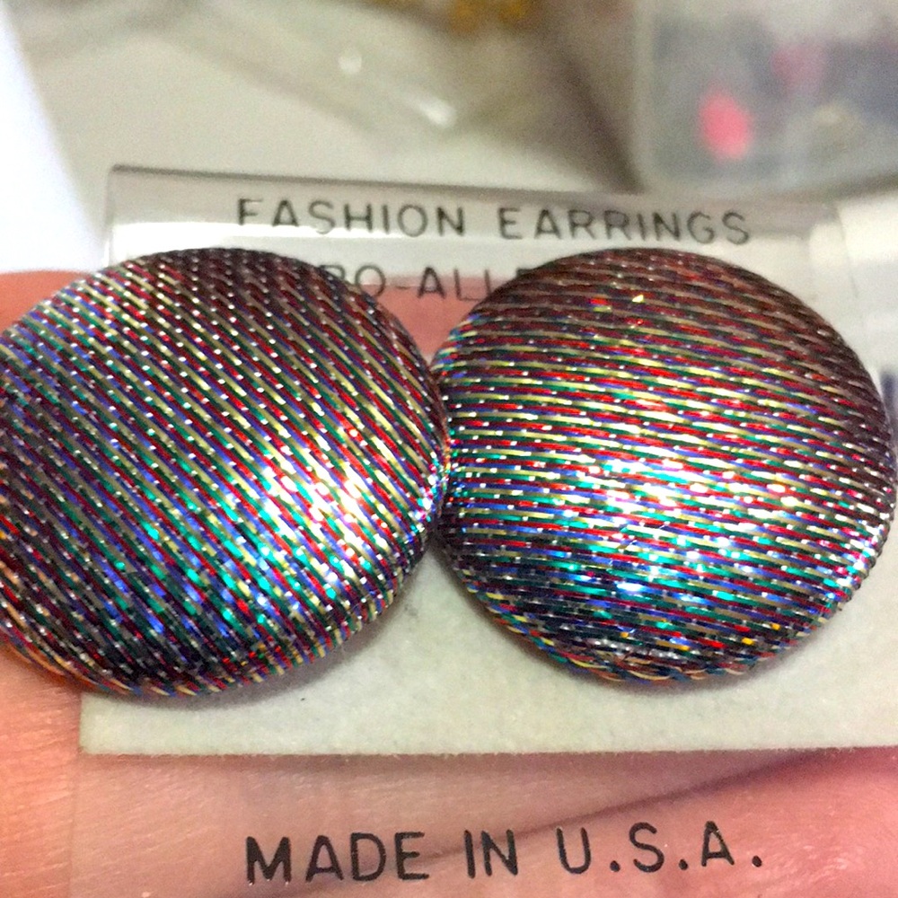 Retro metallic silver Iridescent button made in USA shiny pierced boho earrings